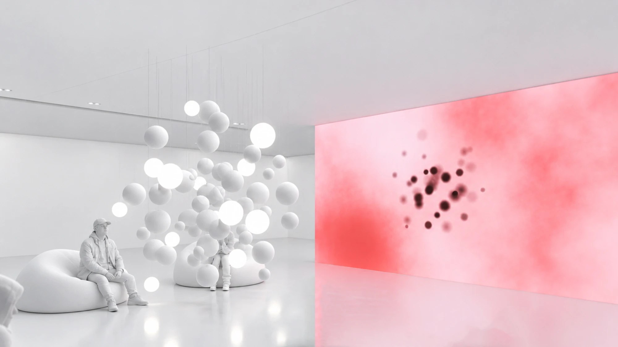 Concept render: spheres and diagonal screen in one field of view